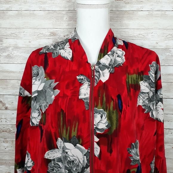 Vintage Zip Up Jacket Red Roses L 306 - Picture 4 of 7